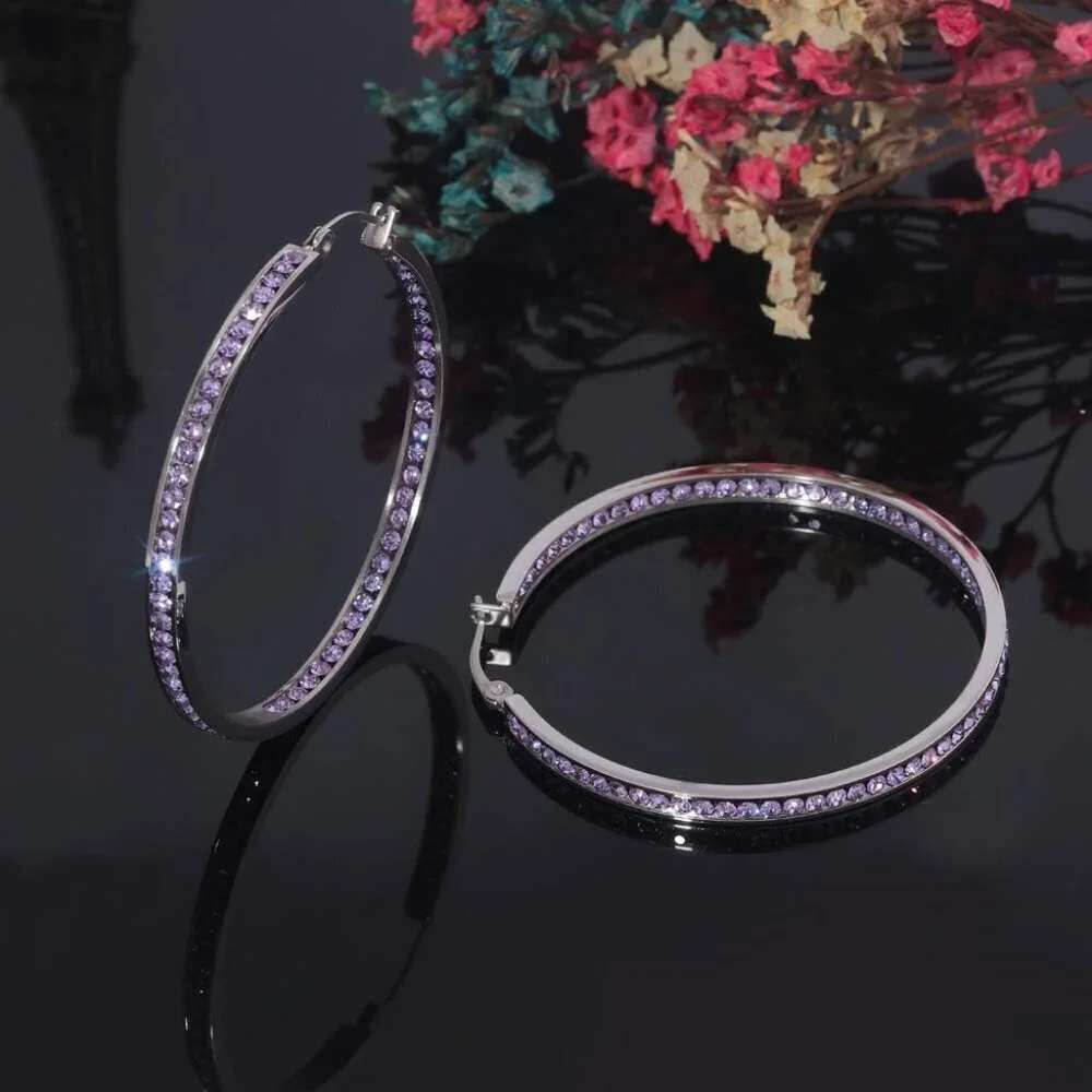 Multicolor Crystal Stainless Steel Hoop Earrings Big Hypoallergenic for Sensitiv